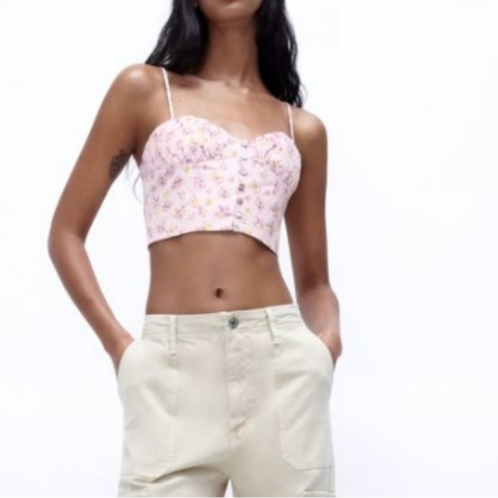 NWOT Zara Lilac Danti Floral Strap Bustier Crop Top Linen/Cotton Blend Size M